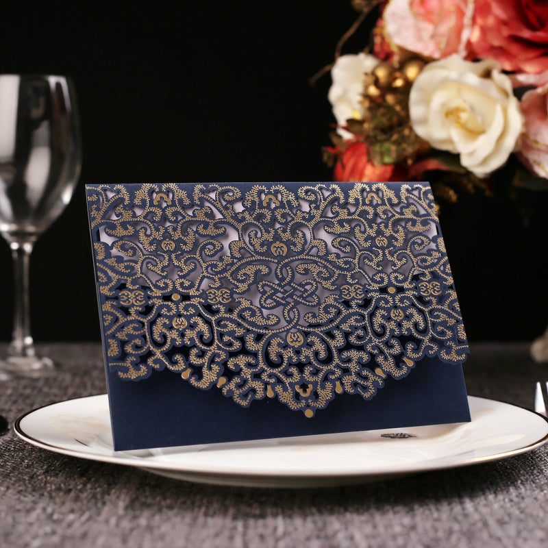 FOMTOR 50-Pack Blue Laser Cut Wedding Invitation Cards Set w/Envelopes & Inserts & Seals â€“ for Wedding, Bridal Shower, Graduation, Birthday Party, Engagement, Anniversary - Image 2